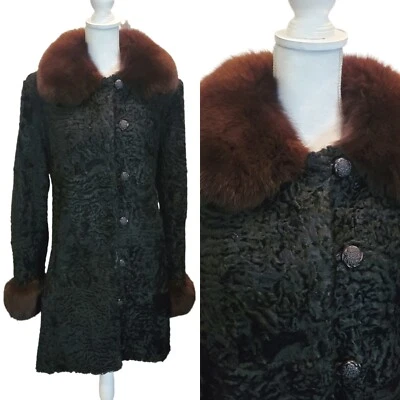 Abrigo de peluche persa negro cordero pesado hasta la rodilla cuello de piel de visón S/M lujo LEER Foto 1 de 4