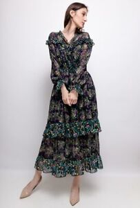 Dark romantic cottagecore Vintage Black Floral Tiered Midi Kleid Bnwt Größe 12