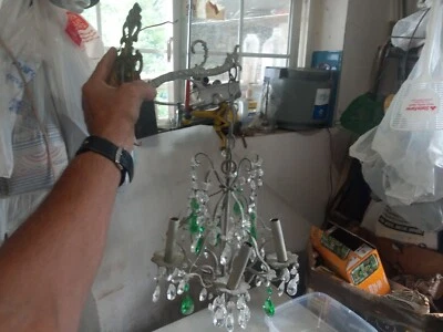 Vintage Very Rare Ornate 5 Arm Wall Mount Green & Clear Crystal Brass Chandelier - Image 1 of 4