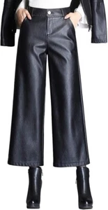 HaoMay Women's High Waist Wide Leg PU Faux Leather Cropped Pants Culottes - Picture 1 of 10