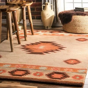 nuLOOM Hand Made Southwestern Wool Area Rug in Beige, Brown, Brick Orange