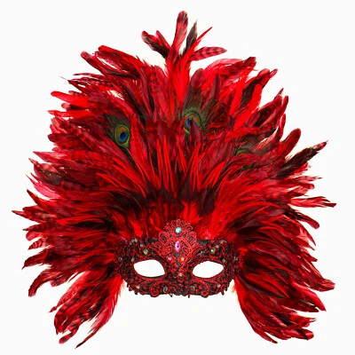Red Feather Luxury Venice Carnival Masquerade Mask for Traditional Costume - Image 1 of 4