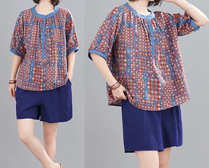 Women Top Cotton/Linen Floral Blouse Short Sleeve Clothing Summer Round-neck Tee - Picture 1 of 8