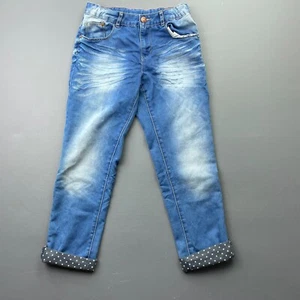 Zara Girl's Jeans 9/10 Blue Denim Cuffed Polka Dot Lined Gold Heart Embroidery - Picture 1 of 9