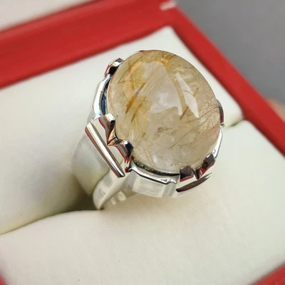 Anillo de cuarzo rutilado hecho a mano de plata esterlina 925 natural Muh e Najaf para hombre Foto 1 de 4
