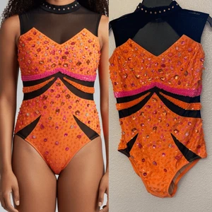 Glamour solo dance costume orange black sleeveless rhinestoned MA medium adult - Picture 1 of 8