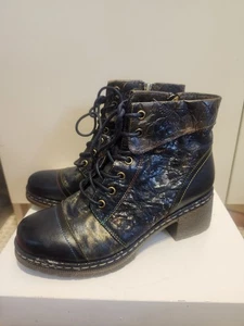 Brand New Spring Step L'Artiste "FallinLuv" Navy Leather Lace-Up Boots Sz.8/38 - Picture 1 of 14
