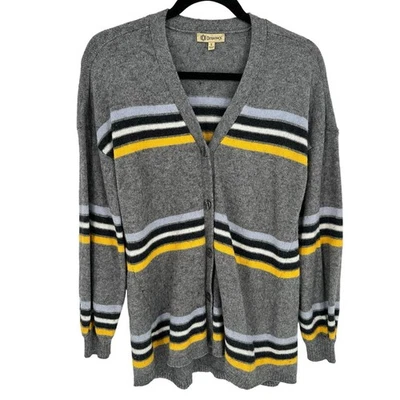 Cárdigan Democracy Gris Amarillo Rayas Manga Larga Cuello en V Acanalado Suave Invierno S Foto 1 de 4