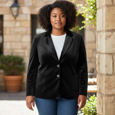 Denim&Co Black Velvet Three Button 100% Cotton Blazer Minimalist Preppy Size XL - Image 1 of 4