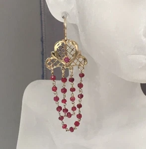  RUBY AND 14K GOLD CASCADING  DROP DANGLE EARRINGS - ITALY - Picture 1 of 7
