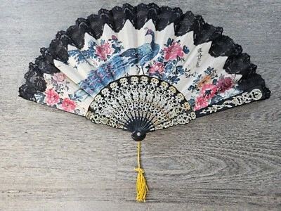 Vintage 1960s Hand Painted Linen & Lace Folding Fan from Taiwan Peacock Flowers - Image 1 of 4