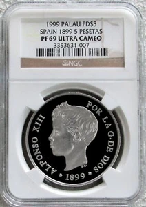1999 PALLADIUM PALAU 7 MINTED (1899 SPAIN 5 PESETAS) NGC PROOF 69 ULTRA CAMEO - Picture 1 of 2