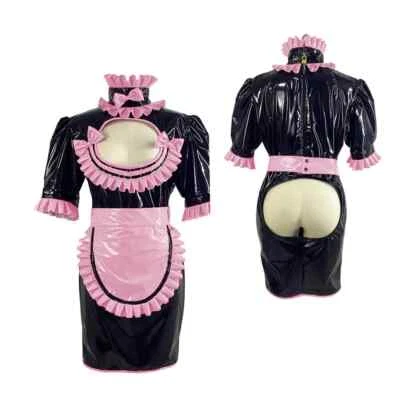 Vestido de criada exótico bloqueable pecho abierto sin entrepierna cosplay maricón exposición trasero Foto 1 de 4