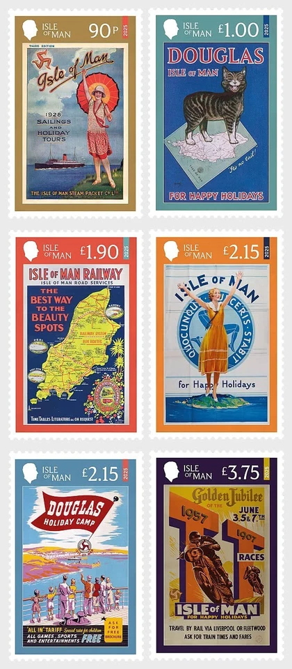 iom 2025 man Manx Tourism Posters cat map woman sailing boat flag bay sea 6v mnh - Image 1 of 1