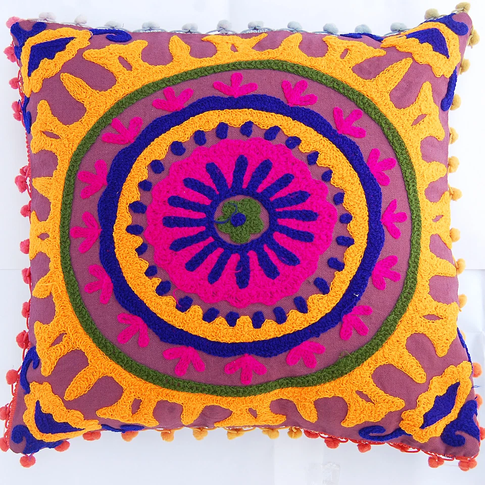 Cotton Embroidery Hand Made Purple Pillow Cover Cushion Cover from Craft 16x16" - Image 1 of 4