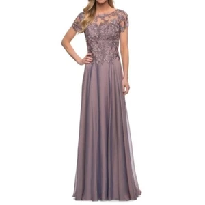 NWOT La Femme Floral Embroidery Chiffon Column Gown Size 4 - Picture 1 of 6