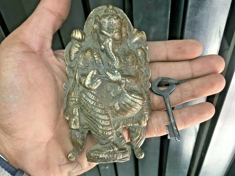 Vintage Old Rare Handmade Brass Ganesh Figure Padlock With Key Rich Old Patina Cover