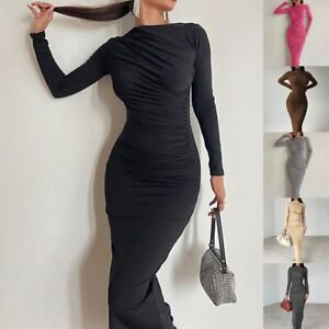 Sleek and Stylish Pleated Long sleeved Maxi Dress for Women Solid Color