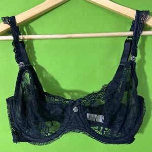 Felina Black Lace Sheer Demi Bra 32DD Rhinestones Unlined Balconet Vintage - Picture 1 of 3