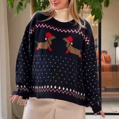 Новый с Ярлыками H & M такса собаки большого размера Jacquard вязаный свитер темно-синий/таксы XL - Изображение 1 из 4