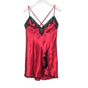 Frederick's of Hollywood Vintage Red Satin Slip Dress Black Lace Trim Cross Back - Picture 1 of 11