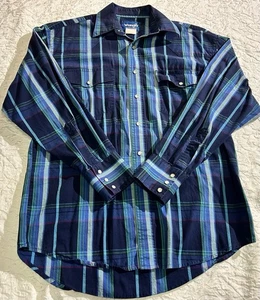 Vtg Wrangler Blue Striped Long Sleeve Pearl Snap Button Western Mens Med Shirt - Picture 1 of 16