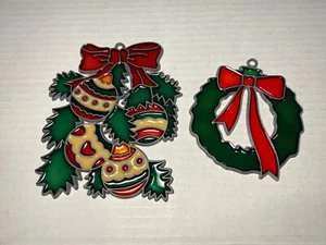 2 Vtg Stain Glass Sun catcher Christmas Ornaments Wreath Holly - Picture 1 of 5