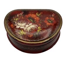 Vintage Signed Red Lacquer Hand Painted Floral Hinged Trinket Jewelry Box