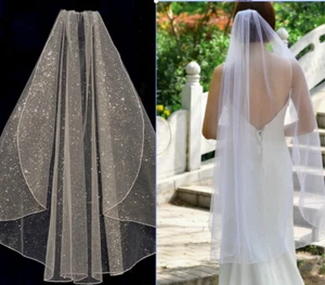 Women White Ivory Glitter Shine Bride Head Hair Simple lace Tulle Wedding Veil - Picture 1 of 29