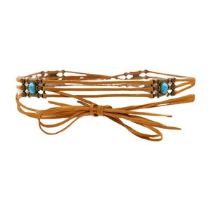 Women Brown Faux Suede Tie Ethnic Belt Gold Charm Turquoise Blue Fit Size M L XL - Picture 1 of 24