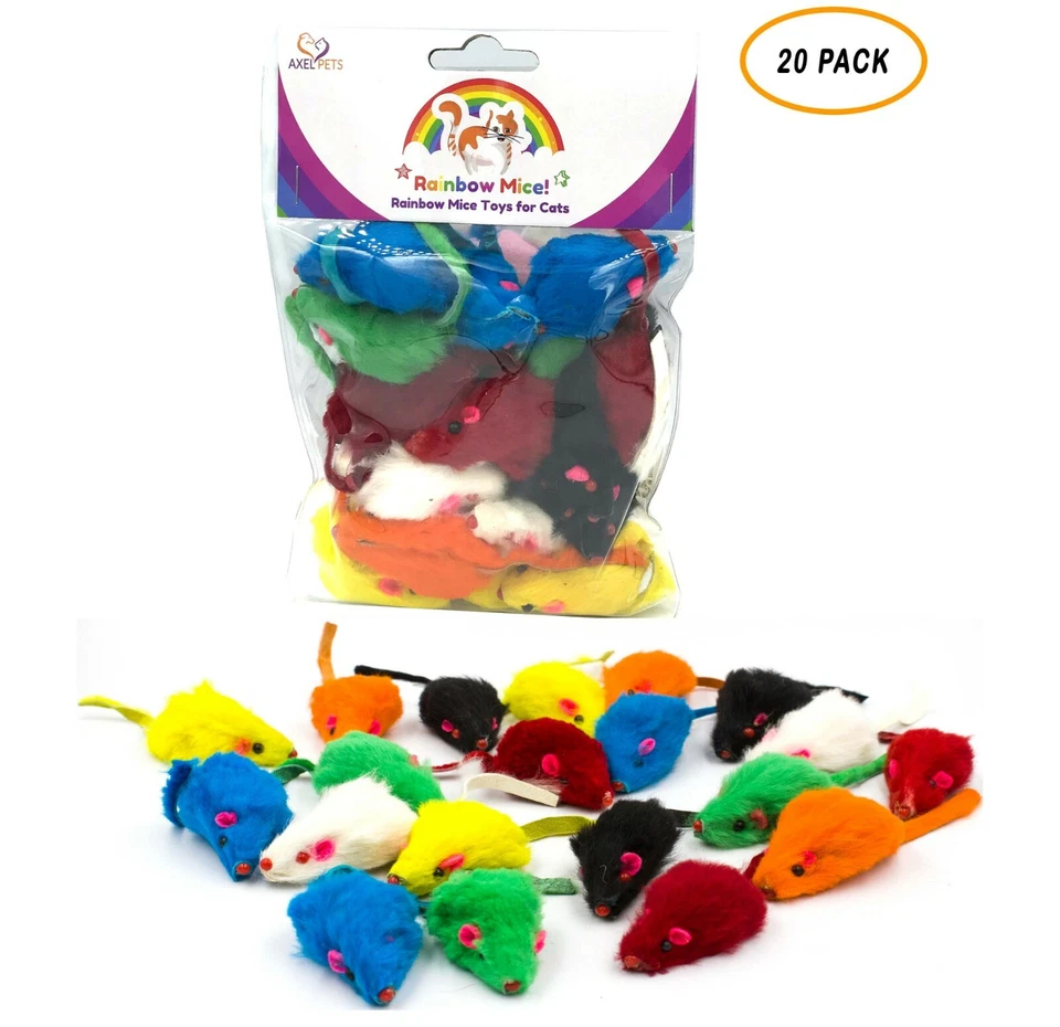 20 Rainbow Mice with Catnip & Rattle Sound Made of Real Rabbit Fur Cat Toy Mouse - Image 1 of 4