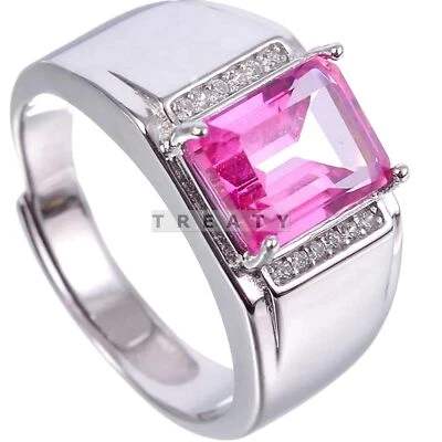 Anel masculino de prata esterlina 925 com pedra preciosa corte esmeralda safira rosa #92 - Imagem 1 de 4