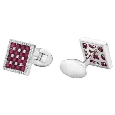 Round Cut Lab-Created Ruby Diamond Men's Cluster Cufflinks 14K White Gold Plated - Image 1 of 4