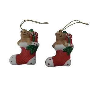 Christmas Stocking Bear Holly Present Ornament Pair - Imagen 1 de 6