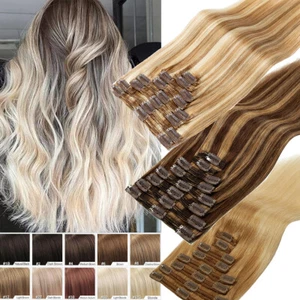 Real Remy Hair Extensions Clip In 100% Human Hair Thick Full Head Double Weft - Picture 1 of 69