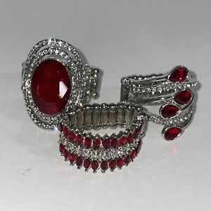 Paparazzi Jewelry Set Of 3 Red Rings Elegant Silvertone Stretch Costume