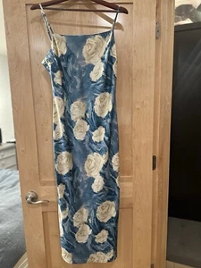 Lulu’s Blue Floral Abstract Satin Slip Midi Dress *WORN ONCE* (Size XL) - Picture 1 of 3