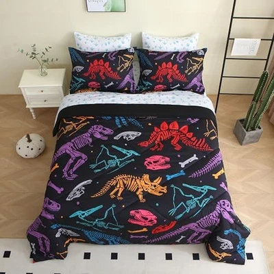 7 Piece Boys Dinosaur Comforter Set Size 3D Skeleton Twin Black Dinosaur - Image 1 of 4