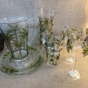 Acrylic Palm Tree Set Tumblers Pitcher Plates Summer Tropical 15 Piece - Picture 1 of 13