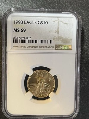 1998 $10 American Gold Eagle 1/4 Oz 0.25 Oz Gold MS69 NGC Beautiful Luster Coin - Image 1 of 2