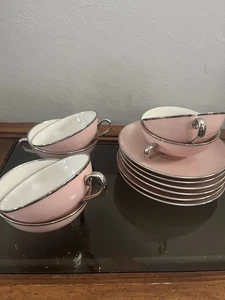 6 tazas y platillos Gladding McBean Franciscan China Magnolia rosa platino - Imagen 1 de 4