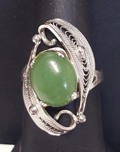 Anillo SORRENTO Plata Esterlina Jade Talla 7.25 Verde Cabina Filigrana Alambre Hoja De Colección - Imagen 1 de 20