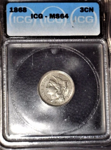 1868  Nickel Three Cent, ICG MS64, Issue Free Cover