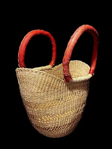 African Tribal Art Vintage African Woven Raffia Basket Tote Bag, "Bawku 2031 - Picture 1 of 12