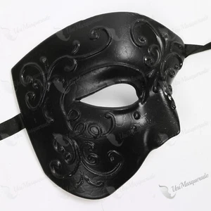 Black Half Face Phantom of the Opera Venetian Costume Masquerade Mask Mardi Gras - Picture 1 of 4
