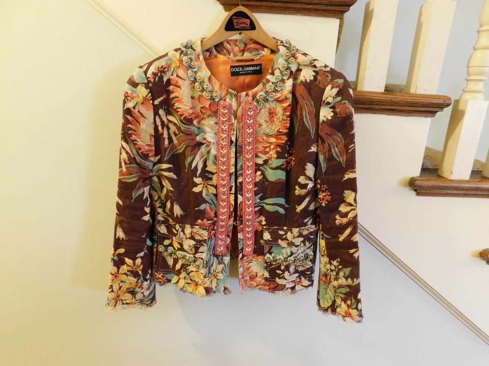 Dolce & Gabbana Floral Print Embellished Beads Sequin Linen Jacket Brown Teal 10 - Image 1 of 4
