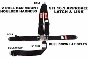 BLACK RACING HARNESS SFI 16.1 LATCH & LINK 5 POINT BELT V ROLL BAR MOUNT BLACK - Picture 1 of 4