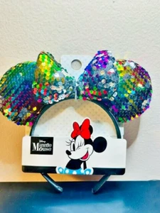 DISNEY PARK RAINBOW MINNIE MOUSE BLACK/COLORFUL SEQUIN EARS HEADBAND - Picture 1 of 6