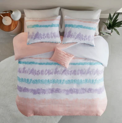 Twin / Twin XL Pink Duvet Cover Set with Sham Tara Tie Dye Printed Seersucker - Image 1 of 4