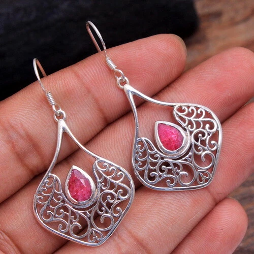 Lab created dyed ruby Gemstone 925 sterling Silver Jewelry dangle Earring  1.9" - Image 1 of 2